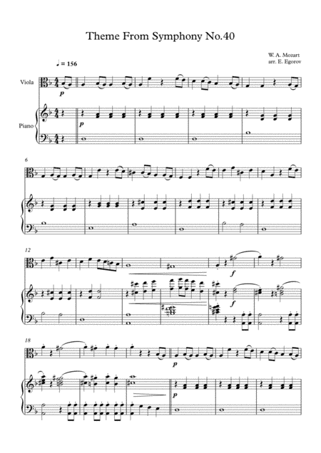 Theme From Symphony No.40, Wolfgang Amadeus Mozart, For Viola & Piano (arr. Eugene Egorov)