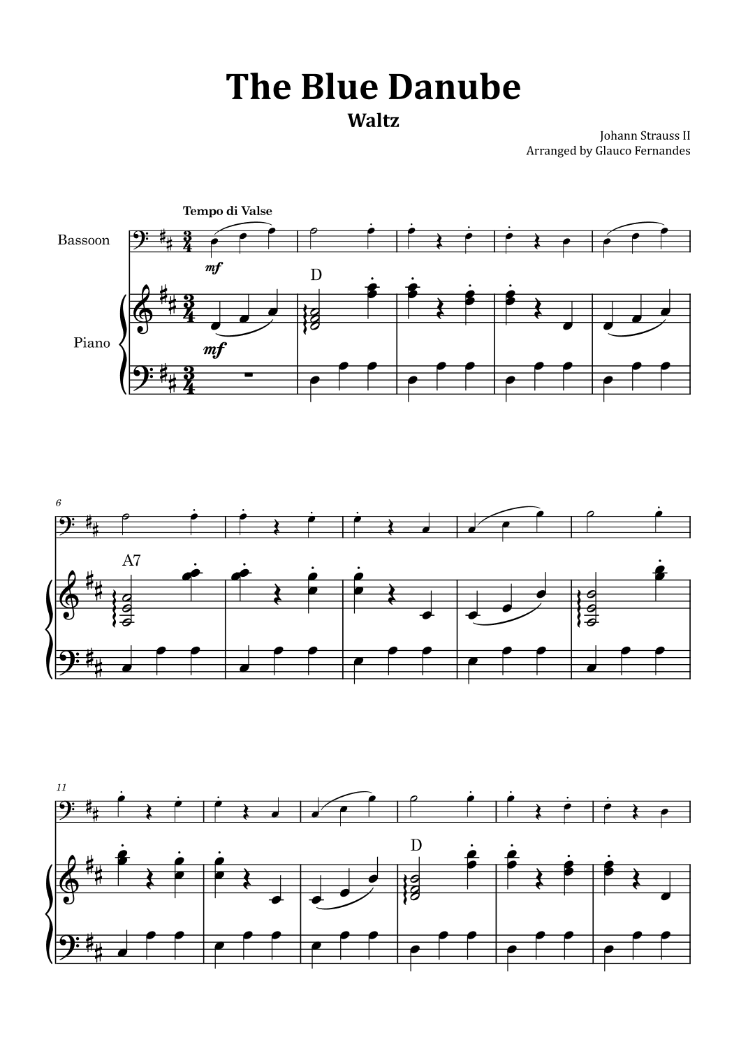 The Blue Danube - Bassoon and Piano with Chord Notations (arr. Glauco Fernandes)