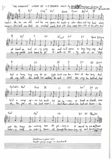 THE SWAGMAN. lead sheet& #CJDennis words AND piano