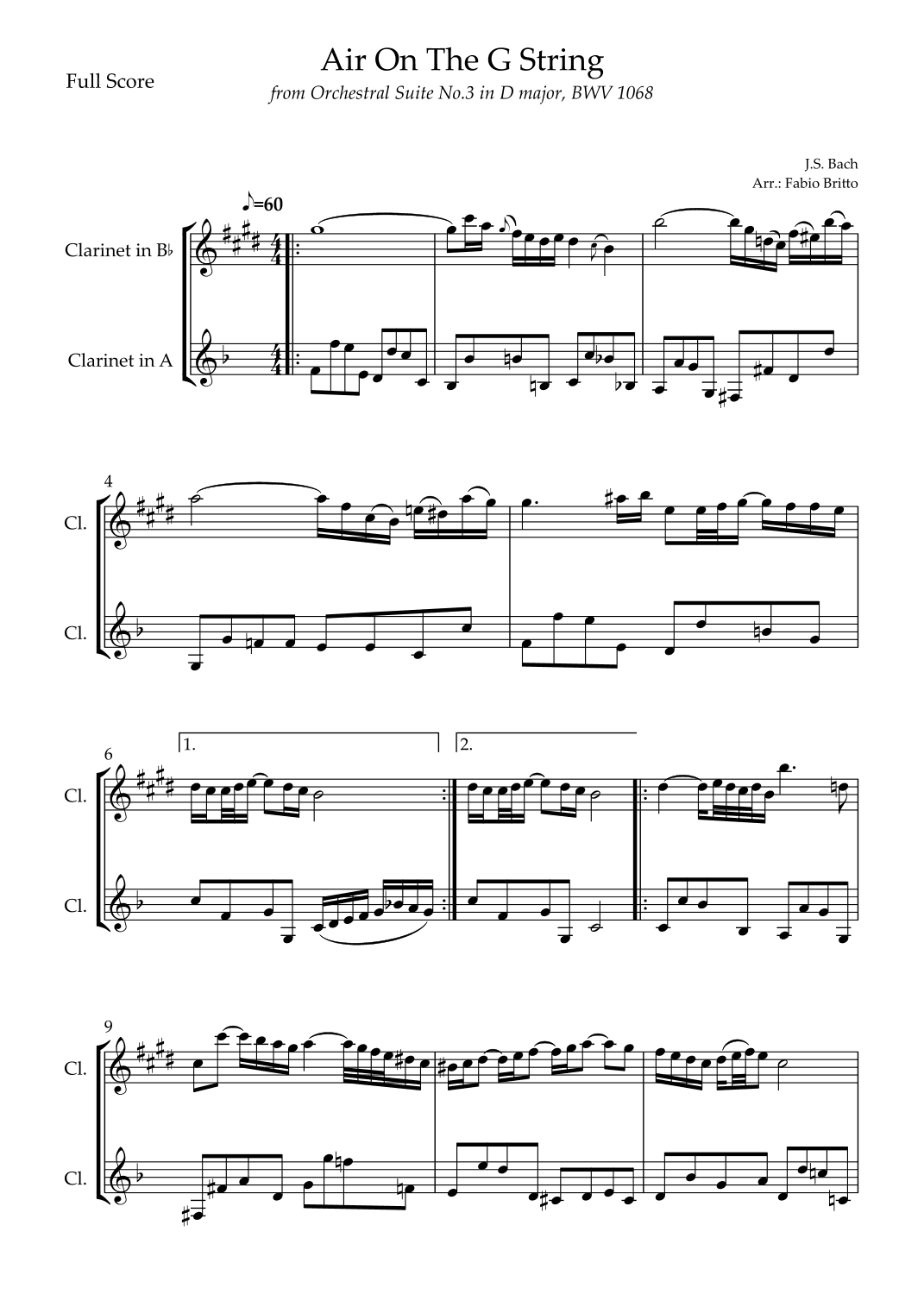 Air On The G String (J.S. Bach) for Clarinet in A & Clarinet in Bb Duo (arr. Fabio Britto)