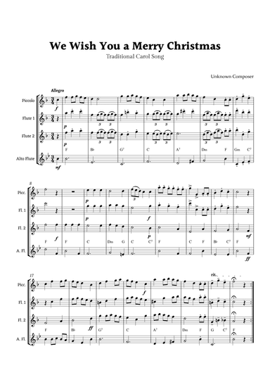 We Wish you a Merry Christmas for Flute Ensemble with Chords (arr. Rika K.)