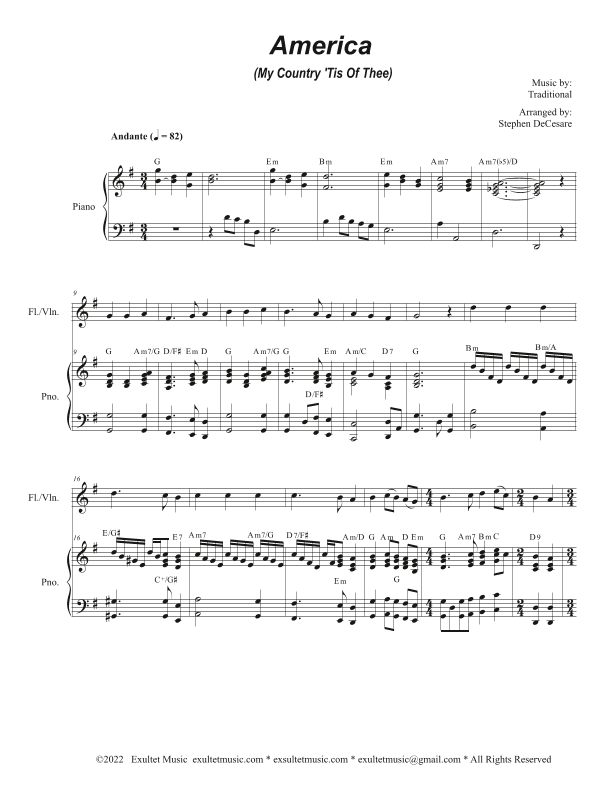 America (My Country, 'Tis of Thee) (Flute or Violin solo and Piano) (arr. Stephen DeCesare)