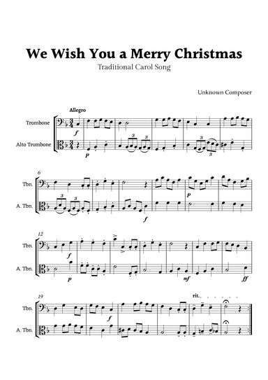 We Wish you a Merry Christmas for Trombone and Alto Trombone Duet (arr. Rika K.)
