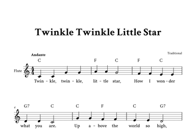 Twinkle Twinkle Little Star - Easy Flute (C Major with Lyrics) (arr. Yuri Noronha)