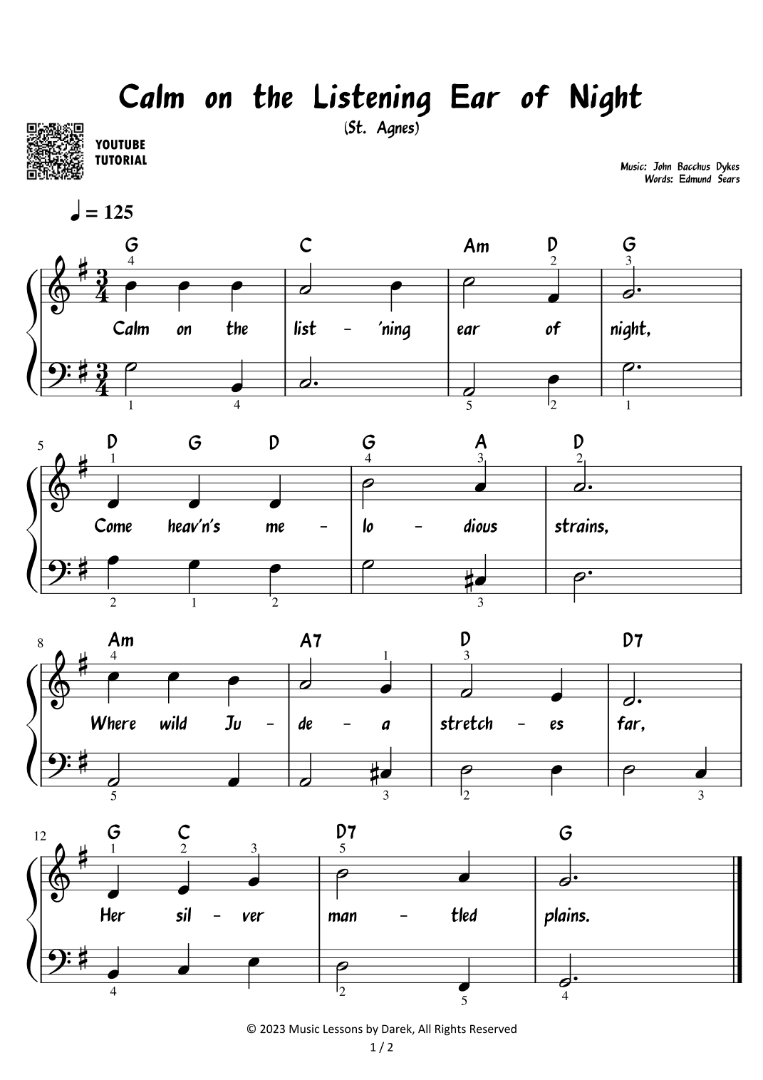 Calm on the Listening Ear of Night (St. Agnes) - Christmas Carol [EASY PIANO] (arr. Darek)