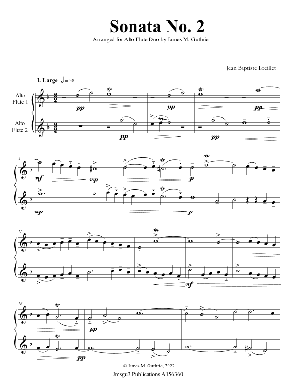 Loeillet: Sonata No. 2 for Alto Flute Duo (arr. James M. Guthrie)