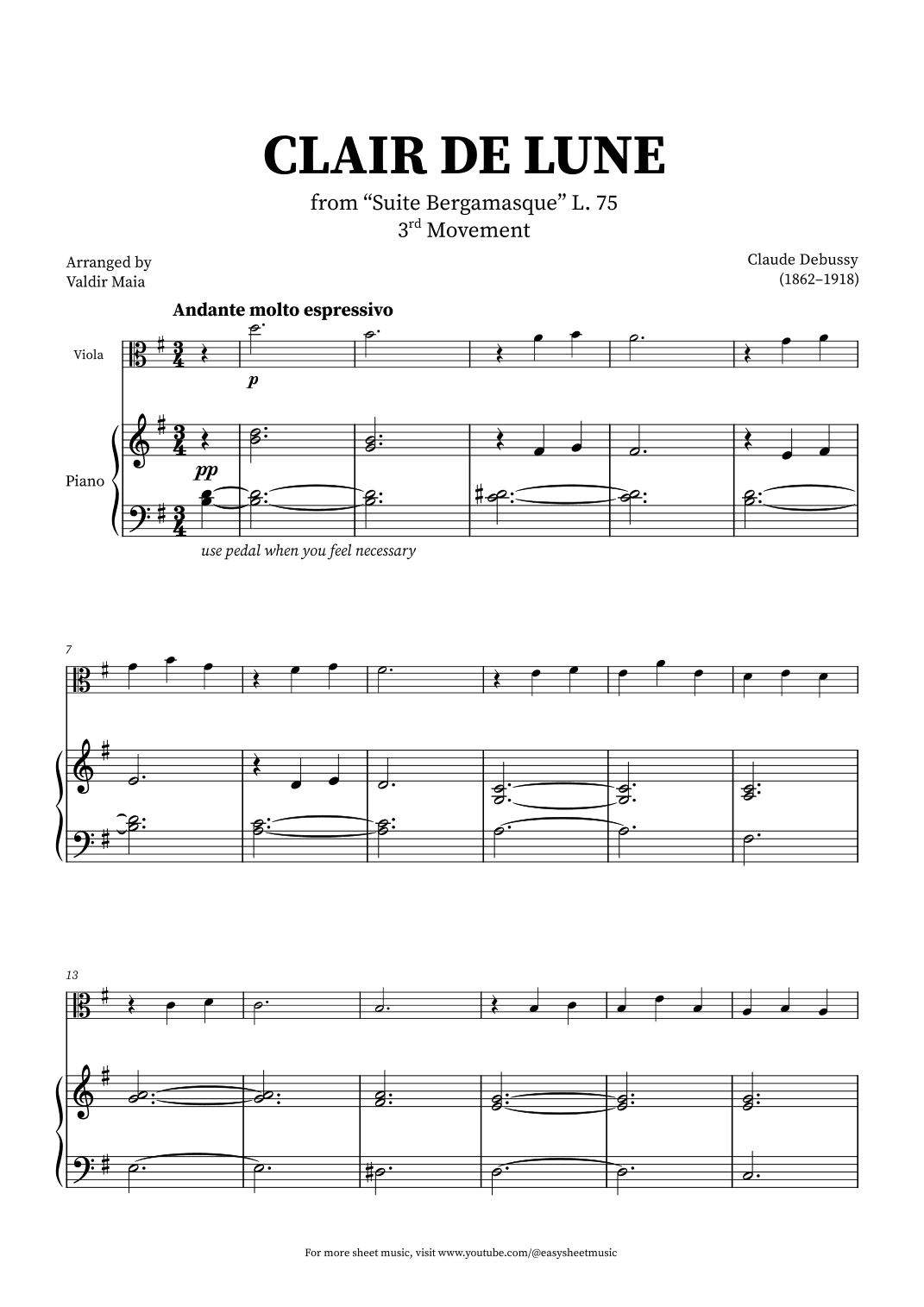 Clair de Lune - Viola and Piano (arr. Valdir Maia)