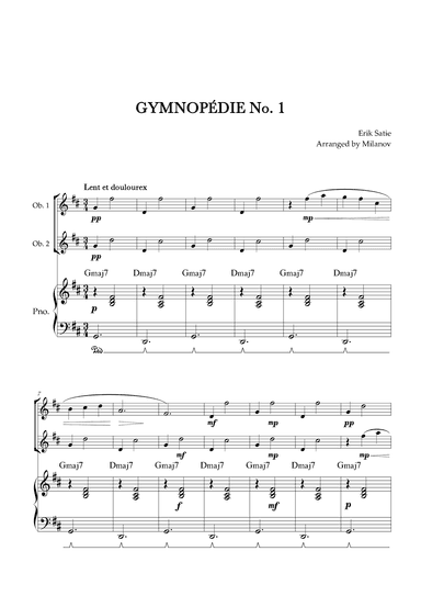 Gymnopédie no 1 | Oboe Duet | Original Key | Chords | Piano accompaniment |Easy intermediate (arr. Milanov)