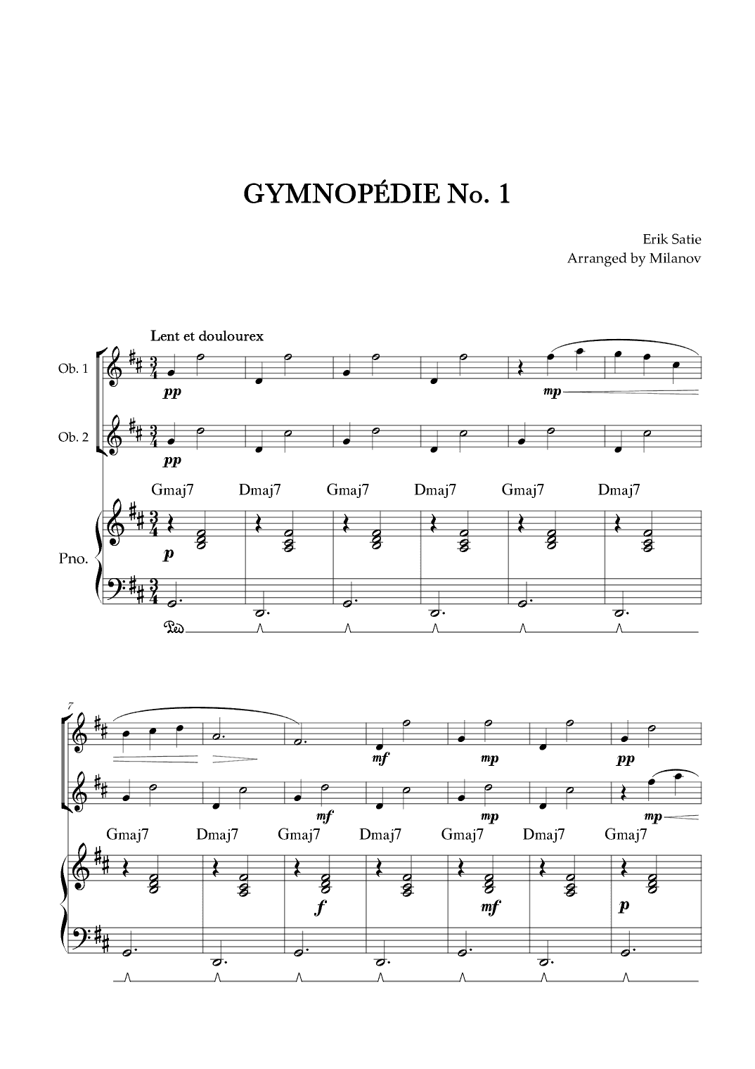 Gymnopédie no 1 | Oboe Duet | Original Key | Chords | Piano accompaniment |Easy intermediate (arr. Milanov)