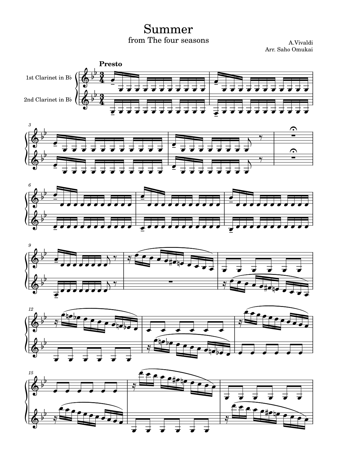 A.Vivaldi: Summer from the four seasons for two clarinets (arr. Saho Omukai)