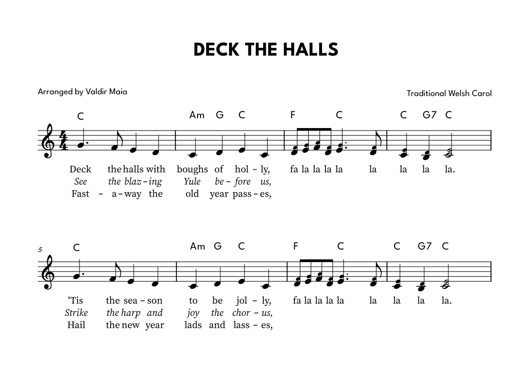 Deck The Halls - Lead Sheet in C (lower key) (arr. Valdir Maia)