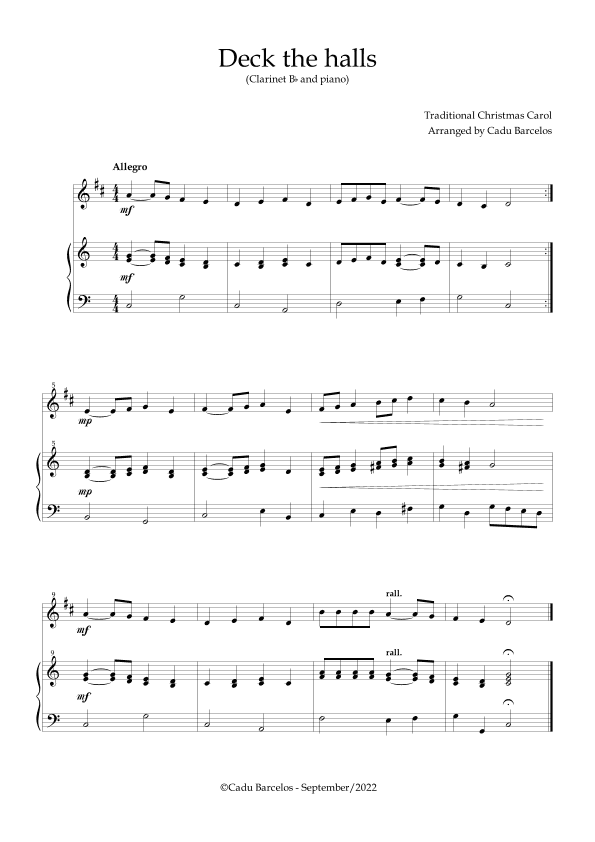Deck the Halls (Clarinet Bb and Piano) (arr. Cadu Barcelos)