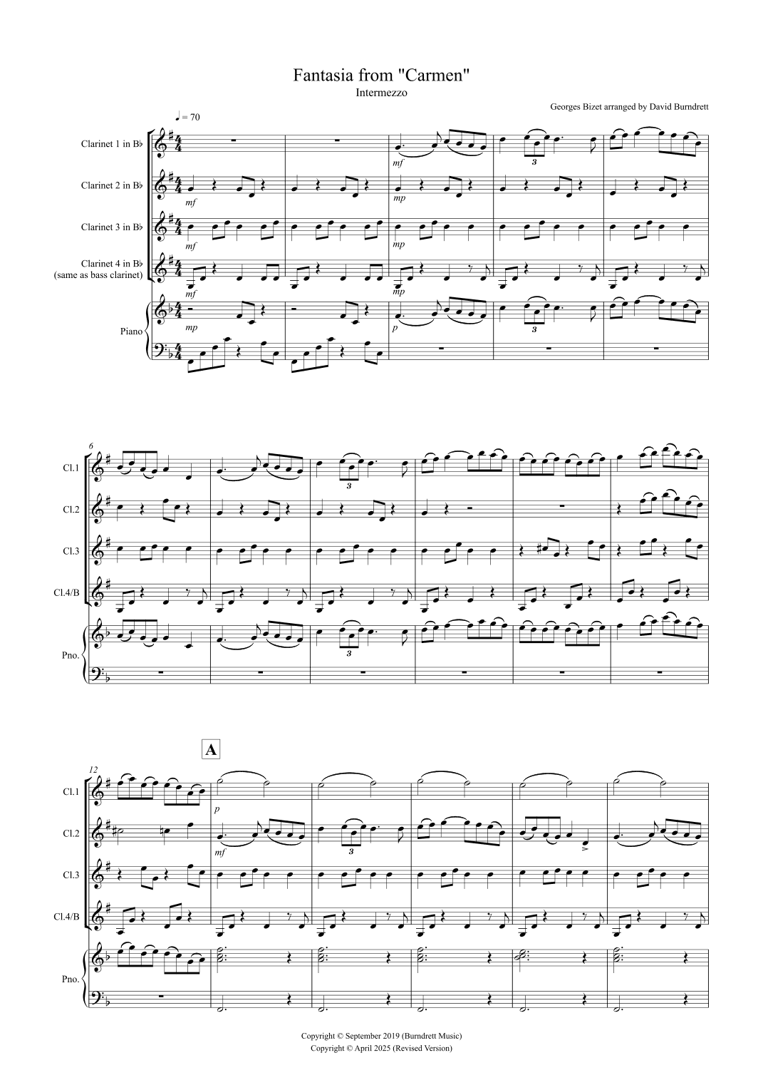 Intermezzo (Fantasia from Carmen) for Clarinet Quartet (arr. David Burndrett)
