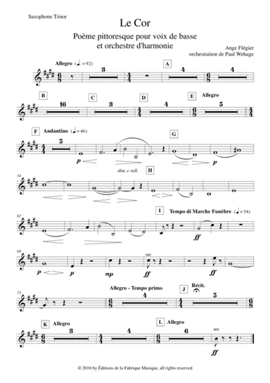 Ange Flégier: Le Cor for bass voice and concert band, tenor saxophone part (arr. Paul Wehage)