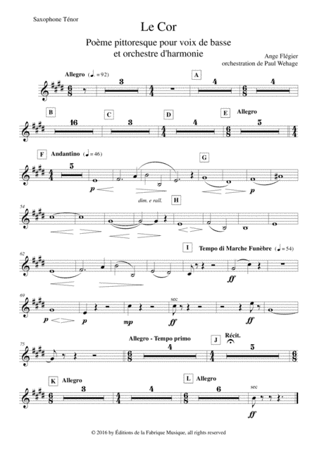 Ange Flégier: Le Cor for bass voice and concert band, tenor saxophone part (arr. Paul Wehage)