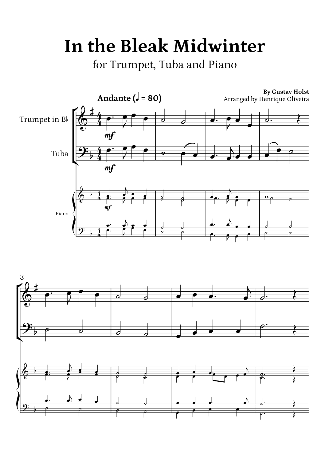 In the Bleak Midwinter (Trumpet, Tuba and Piano) - Beginner Level (arr. Henrique Oliveira)