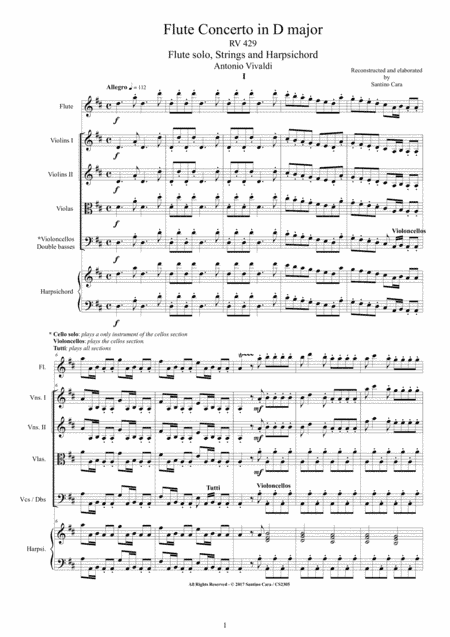 Vivaldi - Flute Concerto in D major RV 429  for Flute solo, Strings and Harpsichord (arr. Santino Cara)