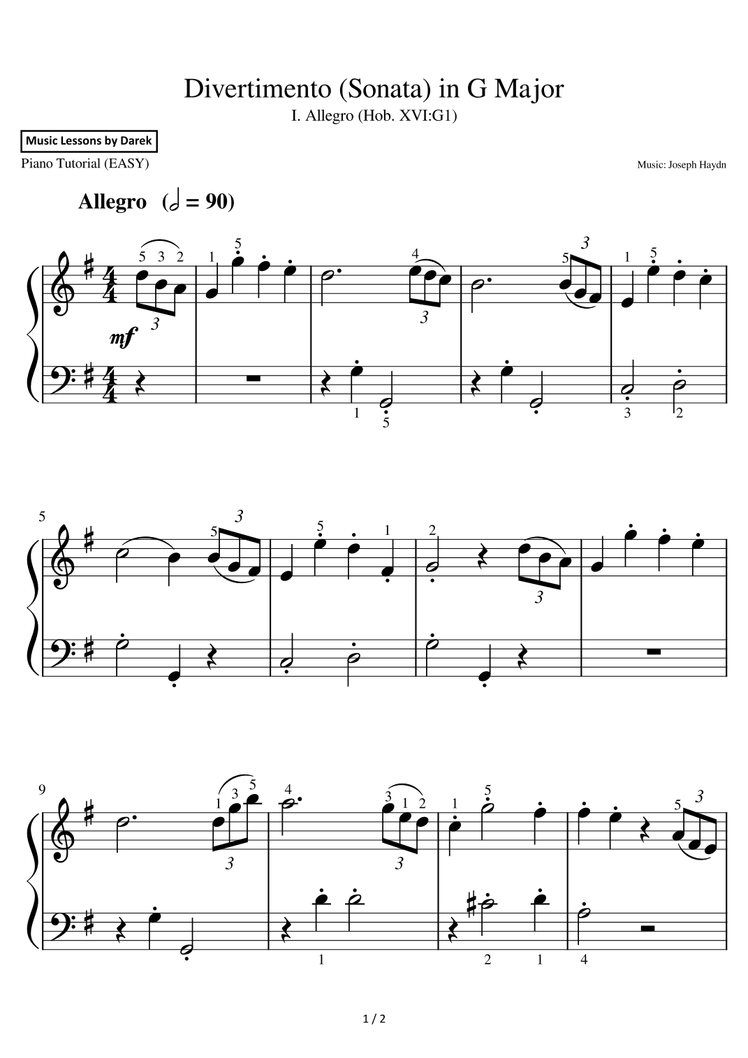 Divertimento (Sonata) in G Major (EASY PIANO) I. Allegro (Hob. XVI:G1) [Joseph Haydn] (arr. Darek)