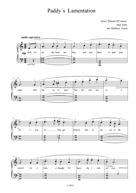 Paddy's Lamentation - with lyrics and fingerings (arr. Barbara Arens)