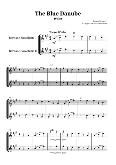 The Blue Danube - Baritone Saxophone Duet with Chord Notations (arr. Glauco Fernandes)