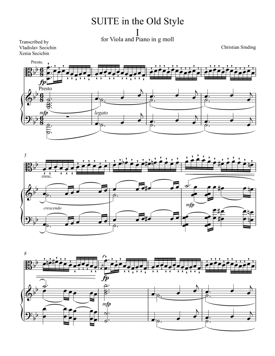 Sinding Presto transcribed for Viola and Piano g-moll (arr. Vladislav Secichin &Xenia Secichin)