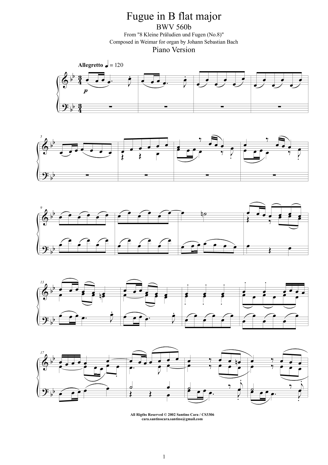 Bach - Fugue in B flat major BWV 560b - Piano version (arr. Santino Cara)