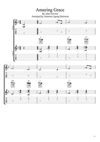 Amazing Grace (Duet Guitar Tablature) (arr. Antonius Agung Setiawan)