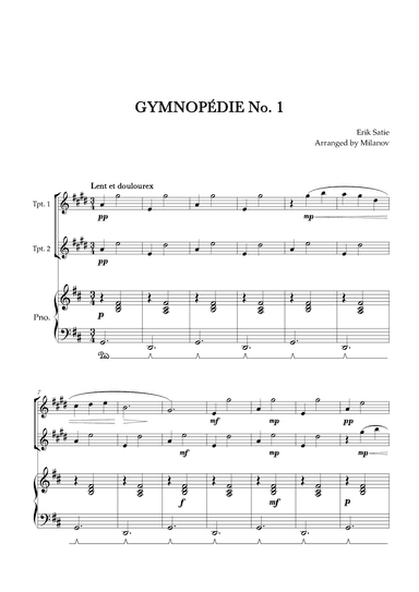Gymnopédie no 1 | Trumpet in Bb Duet | Original Key| Piano accompaniment |Easy intermediate (arr. Milanov)