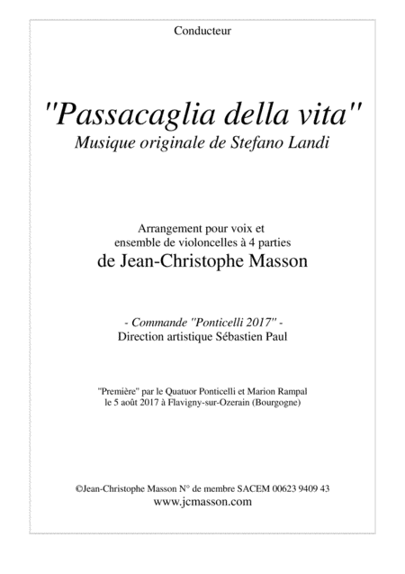 Passacaglia della vita Music by Stefano Landi, for voice and 4 cellos --- arrangement by Jean-Christ (arr. Jean-Christophe Masson)