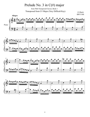Bach  - Prelude No.3 C(#) BWV 848 from Well (arr. Nivs)