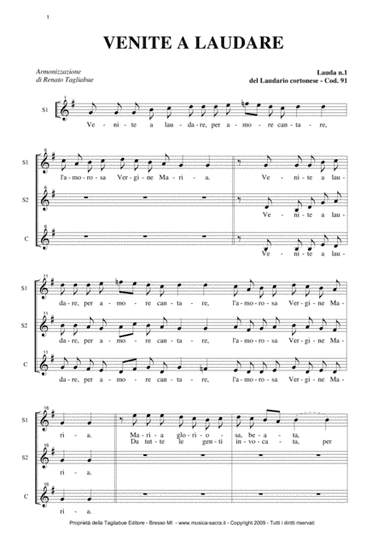 VENITE A LAUDARE - Laudario Cortonese - Arr. for SSA Choir (arr. R.Tagliabue)