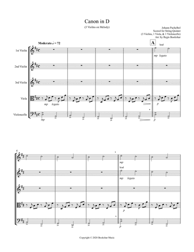 Canon in D (Pachelbel) (D) (String Quintet - 3 Violin, 1 Viola, 1 Cello) (arr. Regis Bookshar)