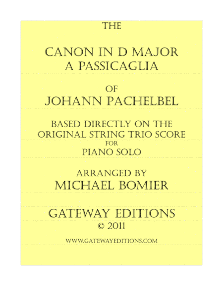 Original Canon in D for Piano Solo, directly from the Score (arr. Michael Bomier)