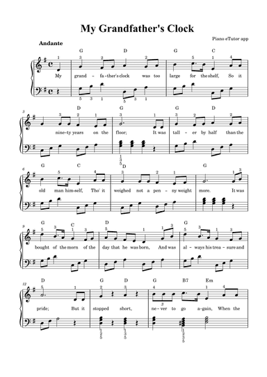 My Grandfather's Clock - piano sheet music (arr. Piano eTutor app)