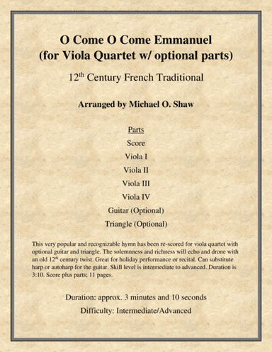 O Come O Come Emmanuel for Viola Quartet with optional Guitar and Triangle (arr. Michael O. Shaw)