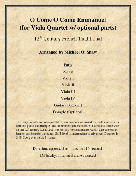 O Come O Come Emmanuel for Viola Quartet with optional Guitar and Triangle (arr. Michael O. Shaw)