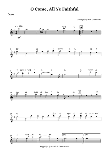 O Come, All Ye Faithful - Oboe Solo with Chords (arr. P.H. Damasceno)