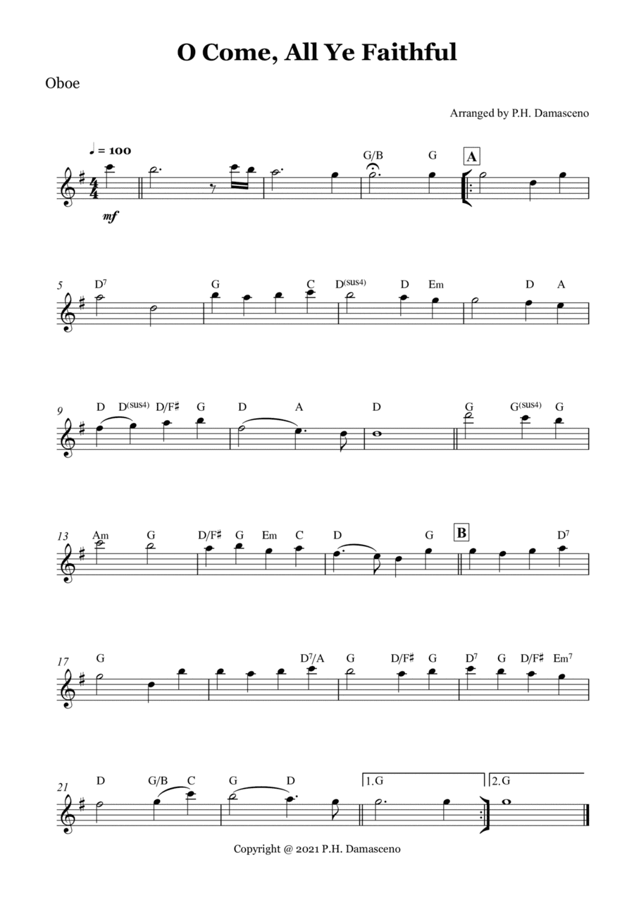 O Come, All Ye Faithful - Oboe Solo with Chords (arr. P.H. Damasceno)