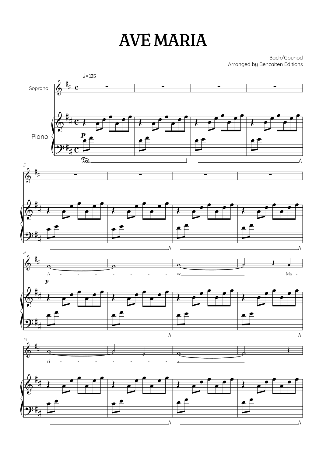 Bach / Gounod Ave Maria in D major • soprano sheet music with piano accompaniment (arr. Benzaiten Editions)