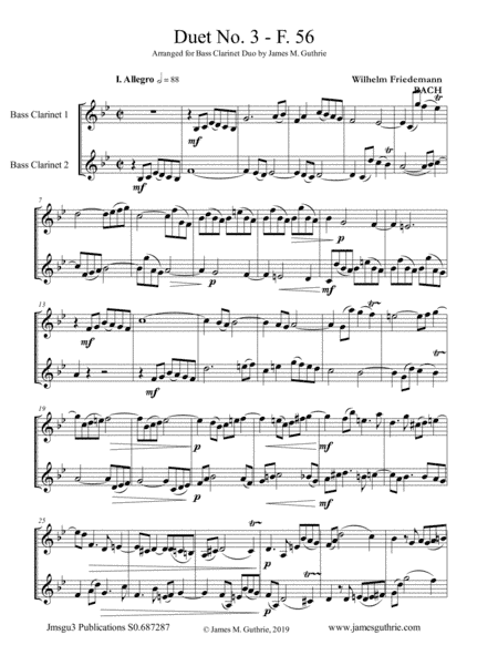 WF Bach: Duet No. 3 for Bass Clarinet Duo (arr. James M. Guthrie, ASCAP)