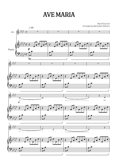 Bach / Gounod Ave Maria in A flat major [Ab] • contralto sheet music with piano accompaniment (arr. Benzaiten Editions)