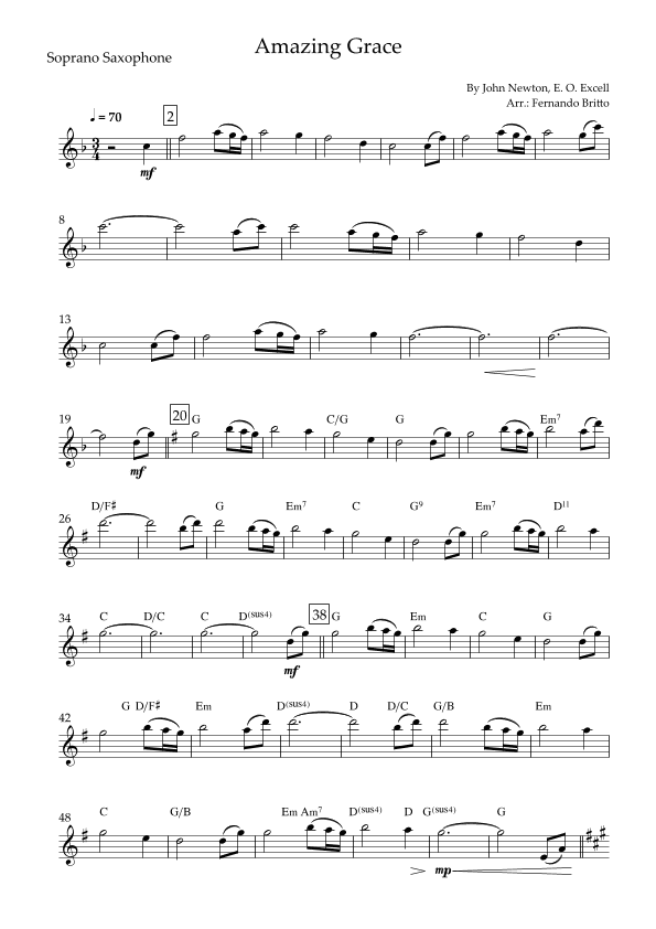 Amazing Grace for Soprano Saxophone Solo with Chords (arr. Fernando Britto)