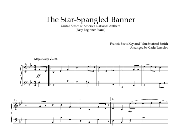 The Star-Spangled Banner - EUA Hymn (Easy Beginner Piano) (arr. Cadu Barcelos)