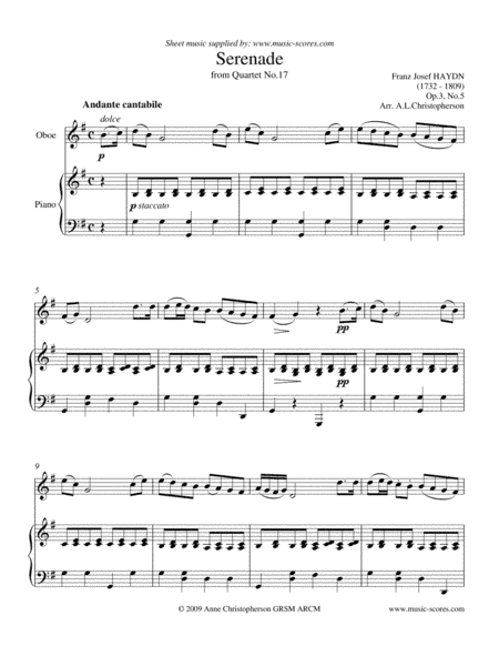 Serenade: Op.3 No.5 from Haydn's Quartet 17 - Oboe and Piano (arr. Anne L Christopherson GRSM ARCM)