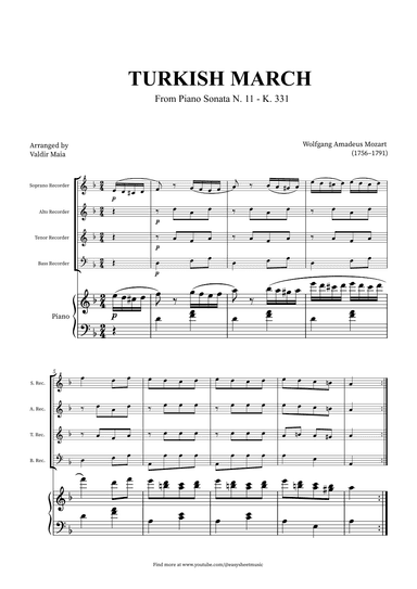 Turkish March - Recorder Quartet and Piano (arr. Valdir Maia)