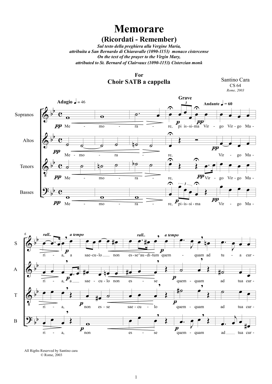 Memorare - Prayer to the Virgin Mary for Choir SATB a cappella
