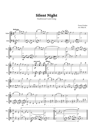 Silent Night for Violin and Cello Duet (arr. Rika K.)