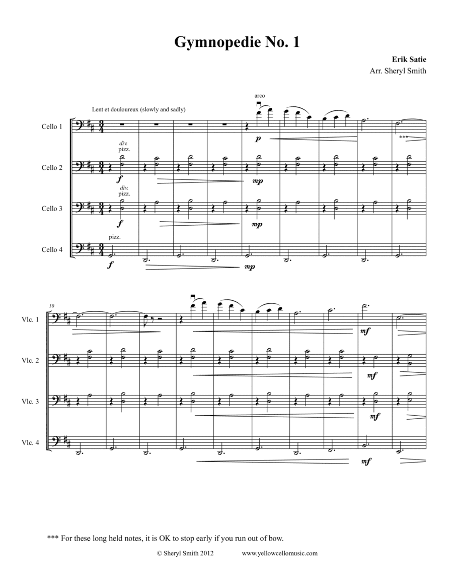 Satie Gymnopedie No.1 arranged for mixed level cello ensemble/quartet (arr. Yellow Cello Music)