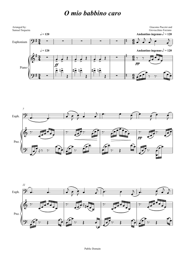 O mio babbino caro -  for Euphonium and Piano accompaniment  - orchestral play along (arr. Samuel Sequeira)