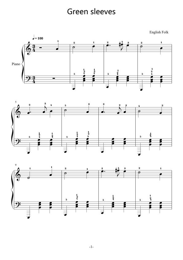Green sleeves,Easy Piano,with Fingering,C Major,English Folk (arr. poon)